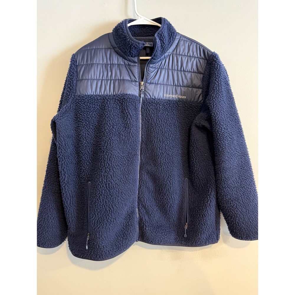 Vineyard Vines Mens Navy Blue Sherpa Fleece‎ Full Zip Hybrid Jacket Large